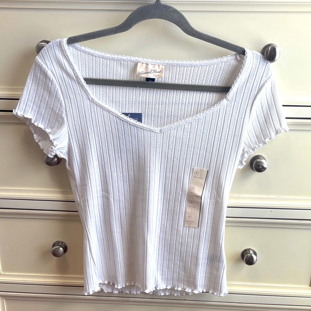 Universal Thread White Ribbed V-Neck Short Sleeve Tee